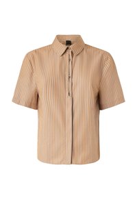 Camicia a maniche corte in satin marrone chiaro con righe verticali bianche. Presenta un colletto classico e quattro bottoni sul davanti.