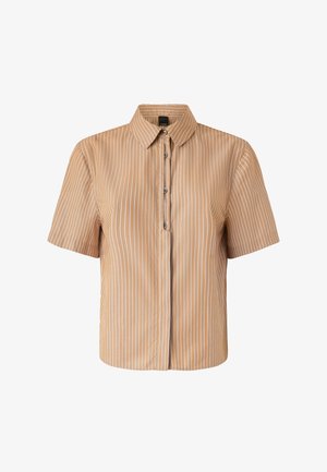 Camicia a maniche corte in satin marrone chiaro con righe verticali bianche. Presenta un colletto classico e quattro bottoni sul davanti.