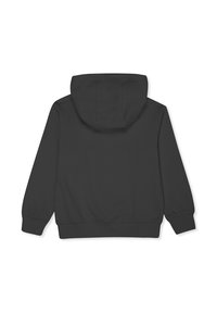 Felpa nera con cappuccio e maniche lunghe, polsini e orlo a coste, vista da dietro su sfondo bianco.