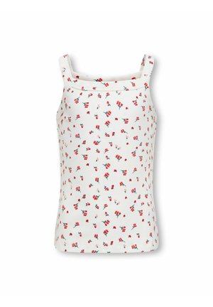 White sleeveless ribbed tank top with thin straps and small red floral pattern scattered across the fabric.