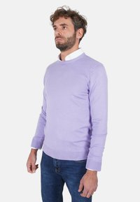 Maglione da uomo color lilla chiaro con polsini e orlo a coste, texture morbida, indossato sopra una camicia bianca con colletto, abbinato a jeans blu scuro.