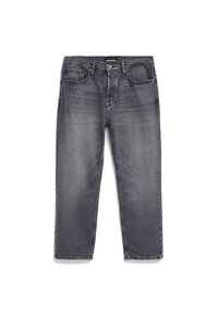 Graue Denim-Jeans mit einem ausgewaschenen Finish, gerade geschnitten, mit fünf Taschen und einer leicht abgenutzten Textur.