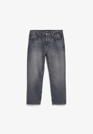 Graue Denim-Jeans mit einem ausgewaschenen Finish, gerade geschnitten, mit fünf Taschen und einer leicht abgenutzten Textur.