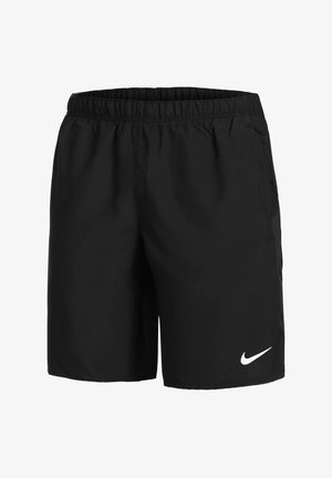 Șorturi atletice negre dintr-un material ușor, având un brâu elastic și buzunare laterale. Un logo alb Nike este situat în partea dreaptă jos.