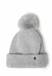 Bonnet en tricot gris avec un revers côtelé et un pompon en fausse fourrure grise doux sur le dessus. Présente un petit logo métallique sur le revers.