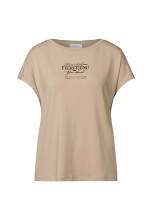 Beige Baumwoll-T-Shirt mit kurzen Ärmeln, rundem Ausschnitt und schwarzem Druck auf der Vorderseite. Einfaches Design, lockerer Schnitt und weiche Textur.