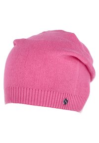 Pink knitted beanie with ribbed texture, slouchy design, and a small branded logo on the side. Soft material for comfort.