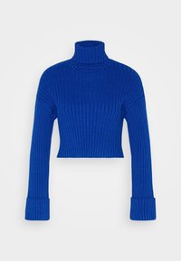 Blauwe geribde cropped trui met een hoge hals en lange mouwen. Heeft een gestructureerde stof en brede, omgeslagen manchetten.
