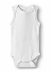 Baltos medvilnės be rankovių bodysuit'as, su apvaliu iškirpimu ir spaudimo užsegimu apačioje, lygiai tekstūra be matomų raštų.