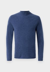 Długi rękaw, granatowy sweter wykonany z miękkiego materiału z wysokim kołnierzem. Projekt charakteryzuje się luźnym krojem oraz starannie wykończonym dołem i mankietami.