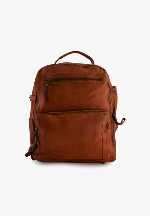 Bruine leren rugzak met bovenhandvat, meerdere ritssluitingvakken en voorvak, afgebeeld tegen een witte achtergrond.