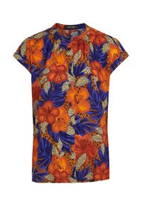 Kortærmet skjorte med knapper foran med store orange blomster, blå blade og beige løv på en brun baggrund.