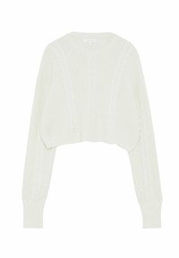 Valkoinen lyhyt neulepusero, jossa on kaapeliteksti, resorikaitaleet ja pyöreä kaula-aukko. Pehmeä kangas, jossa on väljä istuvuus ja näkyvät saumat.