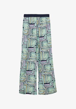 Pantalons larges à motifs avec une base vert menthe ornée de formes géométriques en violet, jaune et noir. Taille élastique pour plus de confort.
