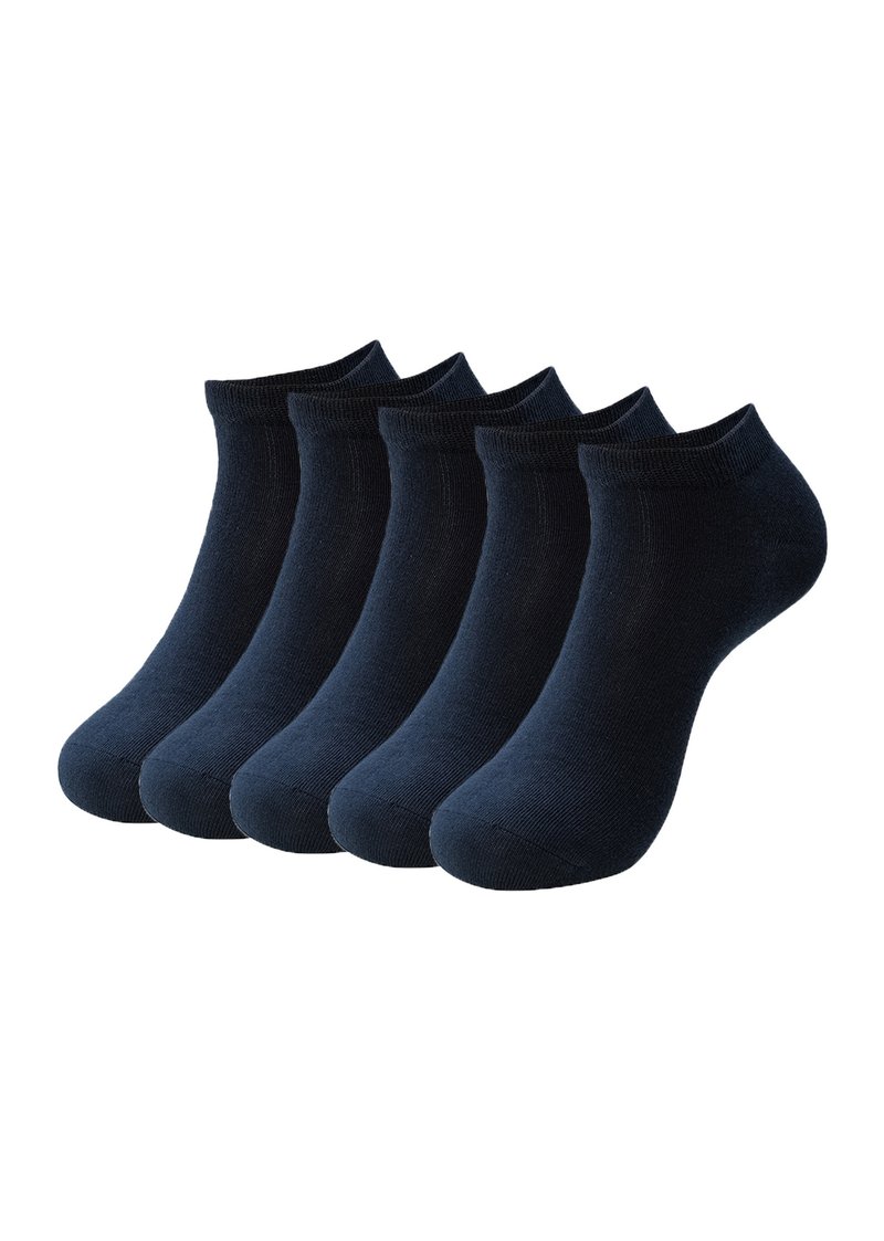 Fünf Paar knöchelsocken in Dunkelmarine, gefertigt aus einem glatten, dehnbaren Stoff mit einem klassischen Rippbündchen und verstärktem Zeh.