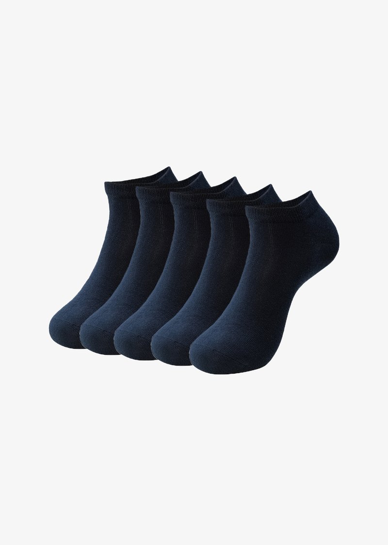 Fünf Paar knöchelsocken in Dunkelmarine, gefertigt aus einem glatten, dehnbaren Stoff mit einem klassischen Rippbündchen und verstärktem Zeh.