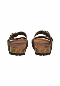 Brune sandaler med justerbar spænde, korksål og struktureret gummisål. Åben bag-design med glatte læderstropper.