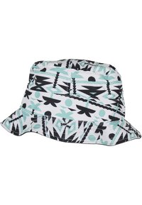 Schwarzer, weißer und mintfarbener Bucket Hat mit geometrischen und Blattmustern, einem flexiblen Rand und einem weichen, strukturierten Stoff.