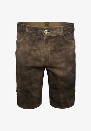 Pantaloni corti in pelle scamosciata marrone con superficie testurizzata, chiusura a bottoni e tasche laterali. Presentano cuciture decorative e dettagli laterali regolabili.
