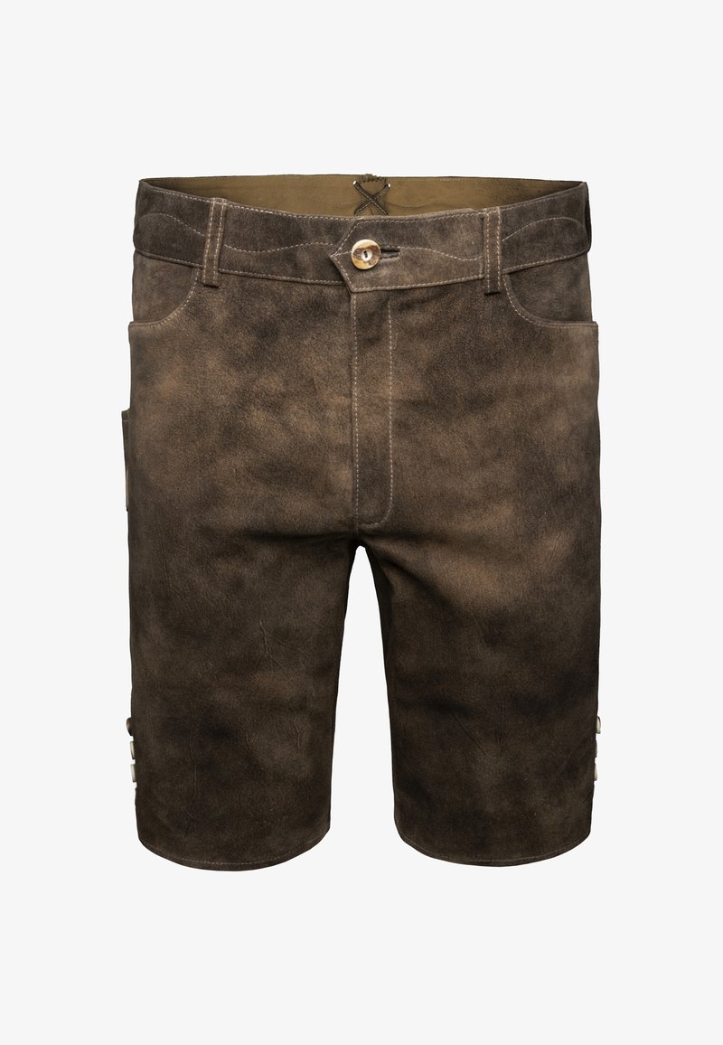 Hnědé semišové šortky s texturovaným povrchem, zapínání na knoflík a boční kapsy. Obsahují dekorativní šití a nastavitelné boční detaily.