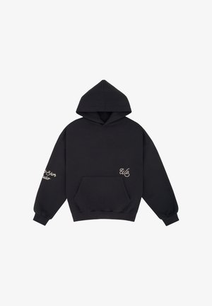 Black hooded sweatshirt with front pocket and white cursive initials on chest and text on left sleeve.