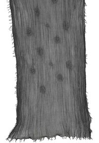Écharpe noire froissée avec une texture légère, présentant des motifs subtils et irréguliers ainsi que des bords effilochés. Mesure environ 180 cm de long.