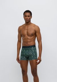 Pánské zelené boxerky s vzorem a modrým pasem, zdobené cikcakovým designem z hladké látky.