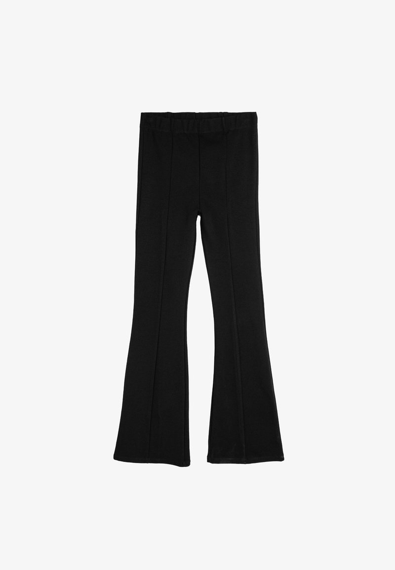 Zwarte flared broek van zachte stof, met een rekbare tailleband en twee voorplooien voor een nette uitstraling.