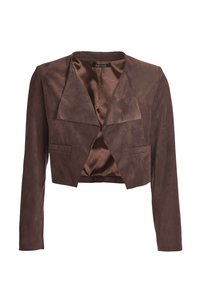 Veste courte en daim marron avec larges revers, manches longues et doublure intérieure satinée lisse, conçue par SWING.