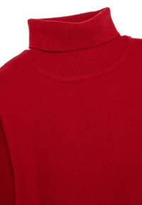 Red turtleneck sweater featuring a ribbed texture and a folded collar. The fabric appears soft and knitted, with a smooth finish.