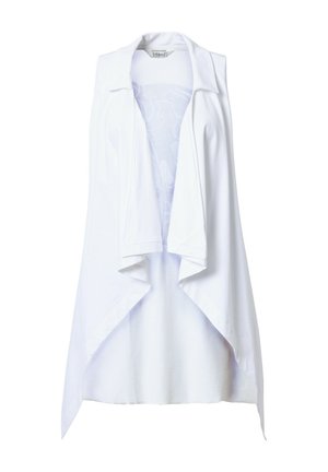 Weißes ärmelloses Top mit drapierter Vorderseite, offenem Design und Kragen. Weicher, leichter Stoff mit glatter Textur und lässiger Silhouette.