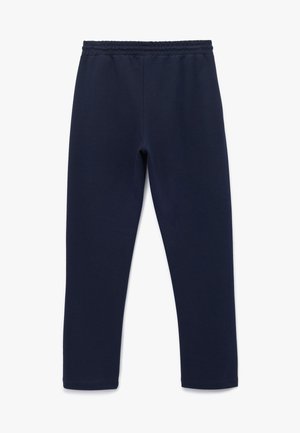 Pantalones deportivos azul marino con una cinturilla elástica, con una textura suave y piernas ajustadas, fabricados con un tejido blando para mayor comodidad.