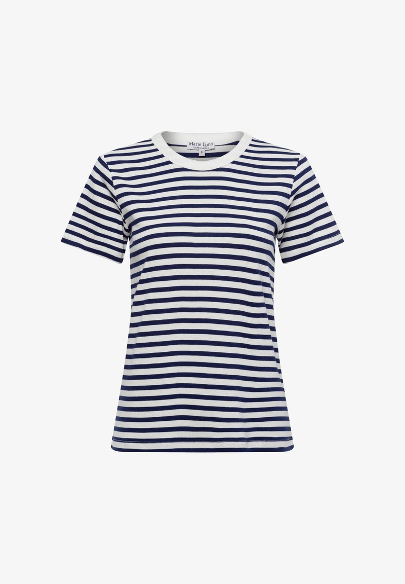 Striped t-shirt featuring navy blue and white horizontal stripes, round neck, short sleeves, made from soft fabric, with a relaxed fit.