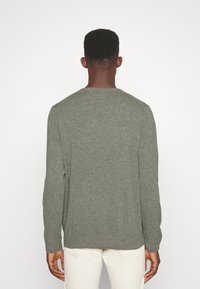 Grön stickad tröja med långa ärmar, rundad hals och ribbade manschetter. Slät textur med en avslappnad passform, sedd bakifrån.