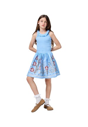 Heleheline sinine kleit, millel on volangiga krae, liibuv kehaosa ja laienev seelik, millel on lilleline tikand ja dekoratiivne äär. Kantud pruunide kingadega.