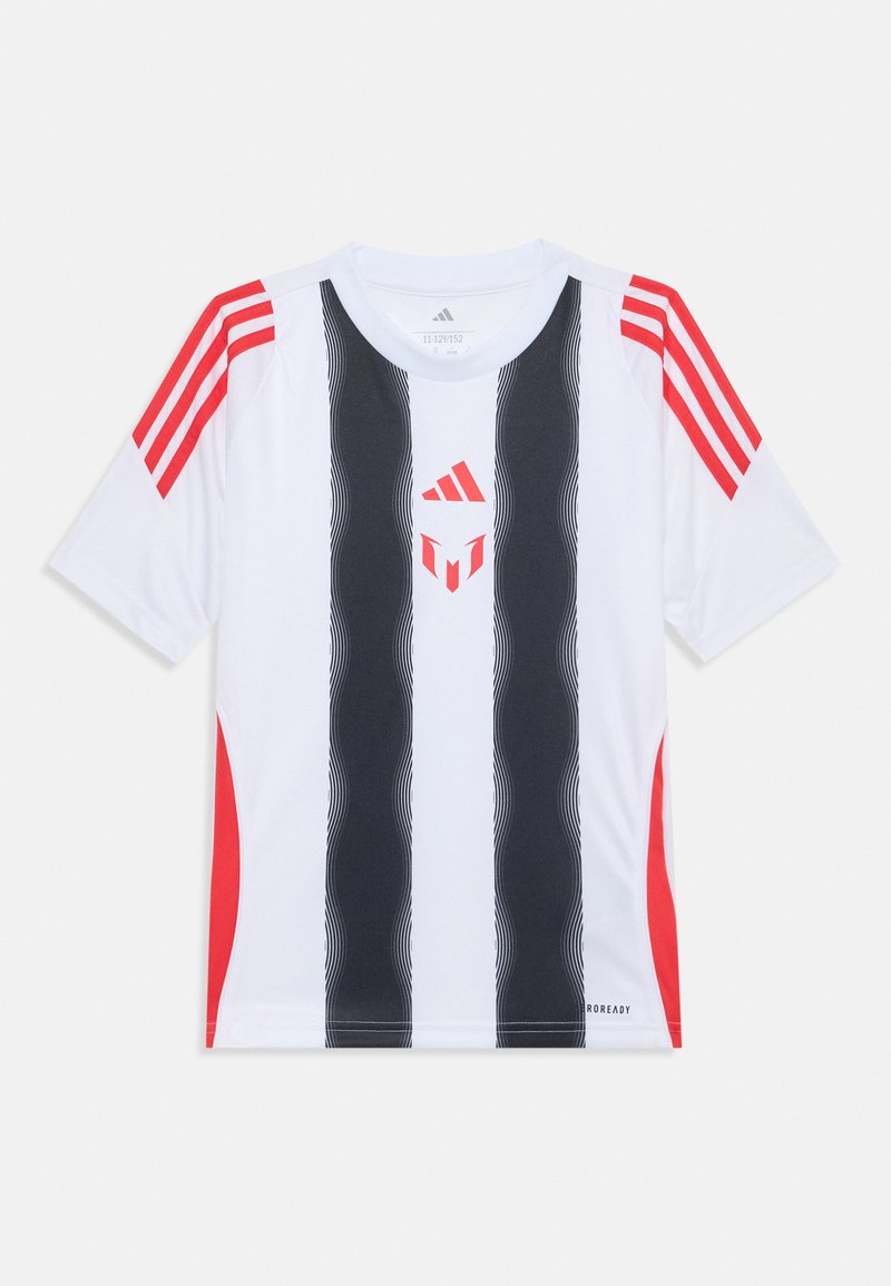 White short-sleeve sports shirt featuring black vertical stripes, red accents, and Adidas logo. Made from lightweight fabric with textured design.