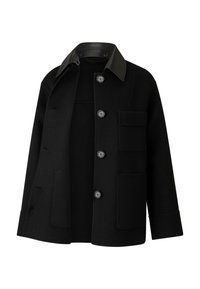 Sort frakke med knappelukning foran, stor påsyet lomme og kontrastfarvet læderkrave. Fremstillet af tekstureret uldmateriale.