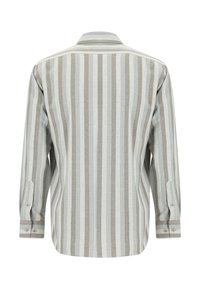 Bluzka w paski z długim rękawem w jasnoszarym i beżowym kolorze, z klasycznym kołnierzykiem, zapinanymi mankietami oraz prostym dołem w luźnym kroju.