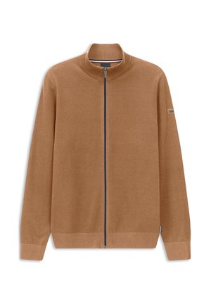 Brown zip-up sweater made of textured knit fabric. Features a high collar and ribbed cuffs with a contrasting zipper and logo detail.
