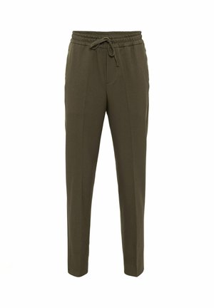 Pantalon fuselé vert olive avec taille élastique et cordon de serrage, doté de deux poches latérales et d'une finition en tissu lisse et extensible.