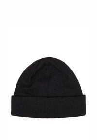 Czarna dzianinowa czapka z wywiniętym mankietem i fakturowanym wzorem. Wykonana z miękkiego materiału, zapewniająca dopasowanie i zaokrąglony wierzchołek.