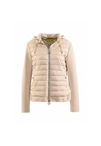 Hellbeige Jacke mit einer gesteppte Vorderseite, weichen Stoffärmeln, Kapuze und einem Frontreißverschluss. Mit silberfarbenen Beschlägen und einem Kordelzug.