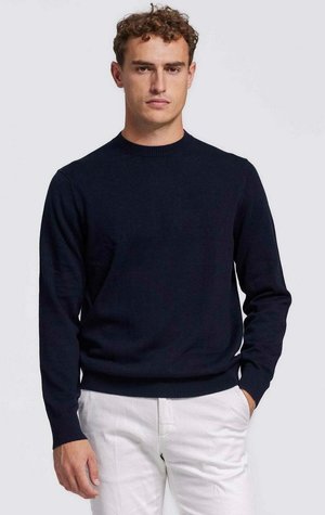 Man met kort krullend haar, gekleed in een effen donkerblauwe trui en lichtgekleurde broek, staand met één hand in de zak.