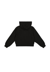Sudadera negra recortada con capucha, mangas raglán y puños acanalados. Hecha de material suave, presenta una textura lisa y un diseño minimalista.