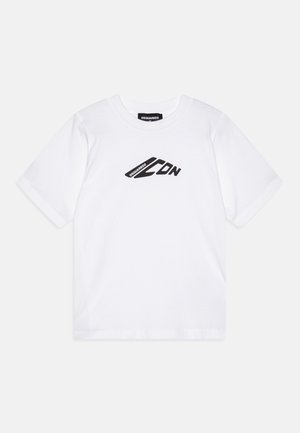 Camiseta blanca de algodón con cuello redondo, que presenta un logotipo gráfico negro en el frente. Mangas cortas y un corte relajado.