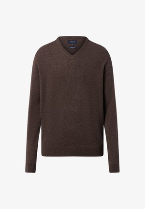 Brauner Strickpullover mit V-Ausschnitt und langen Ärmeln. Das Material wirkt weich, mit einer dezenten Textur und einheitlichem Finish.