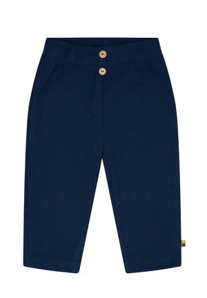 Marineblau, strukturierte Stoffhosen mit zwei vorderen Holzknöpfen an der Taille und einem geraden Bein-Design. Keine sichtbaren Taschen.