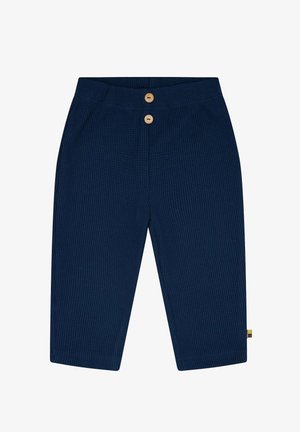 Marineblauwe, textuurstof broek met twee houten knopen aan de taille en een rechte pijpdesign. Geen zichtbare zakken.