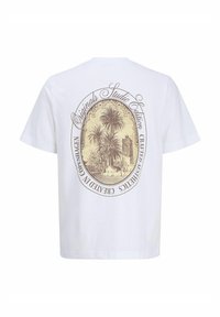 Hvid bomulds t-shirt med et vintage print af palmer og arkitektur på ryggen, med brunt grafisk tekst og cirkulært design.