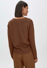 Brauner, gestrickter Pullover mit lässiger Passform, geripptem Saum und Rundhalsausschnitt. Die Rückansicht zeigt eine glatte Textur und Raglanärmel.